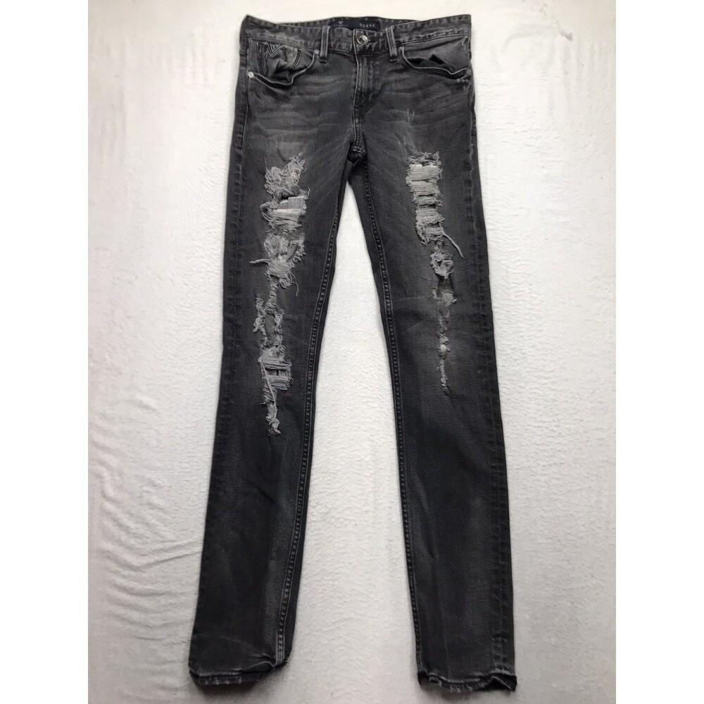 GUESS Slim Taper Jeans Men 29x31 Black Gray Distressed Stretch Biker Goth Moto